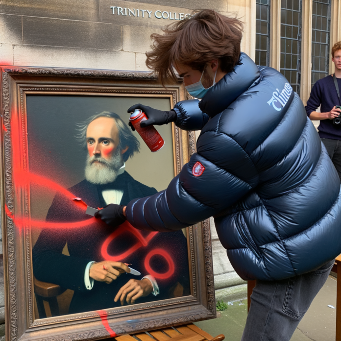 In una dimostrazione dell'Università di Cambridge, dei protestanti hanno vandalizzato con lo spray e tagliato un ritratto di Arthur James Balfour Durante l'incidente registrato, un attivista, vestito con un piumino blu scuro e dai capelli castani, è visto applicare vernice spray rossa sul ritratto di de László prima di usare una lama o un taglierino per strappare la tela. Questo atto di vandalismo, avvenuto durante le ore di visita pubblica, ha scatenato significative polemiche ed è stato prontamente segnalato alla polizia dalle autorità del Trinity College.